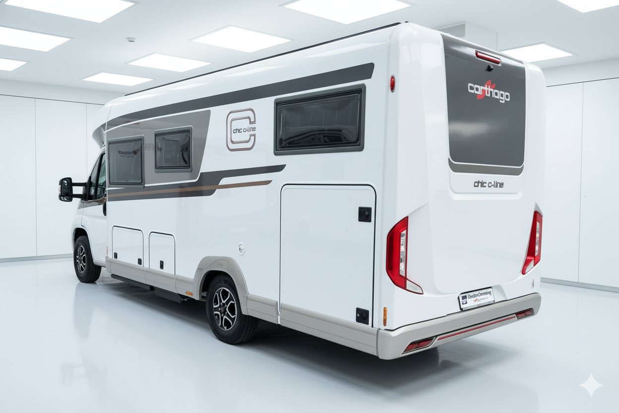 Rückansicht des Carthago chic c-line T – Wohnmobil mit eleganter Linienführung