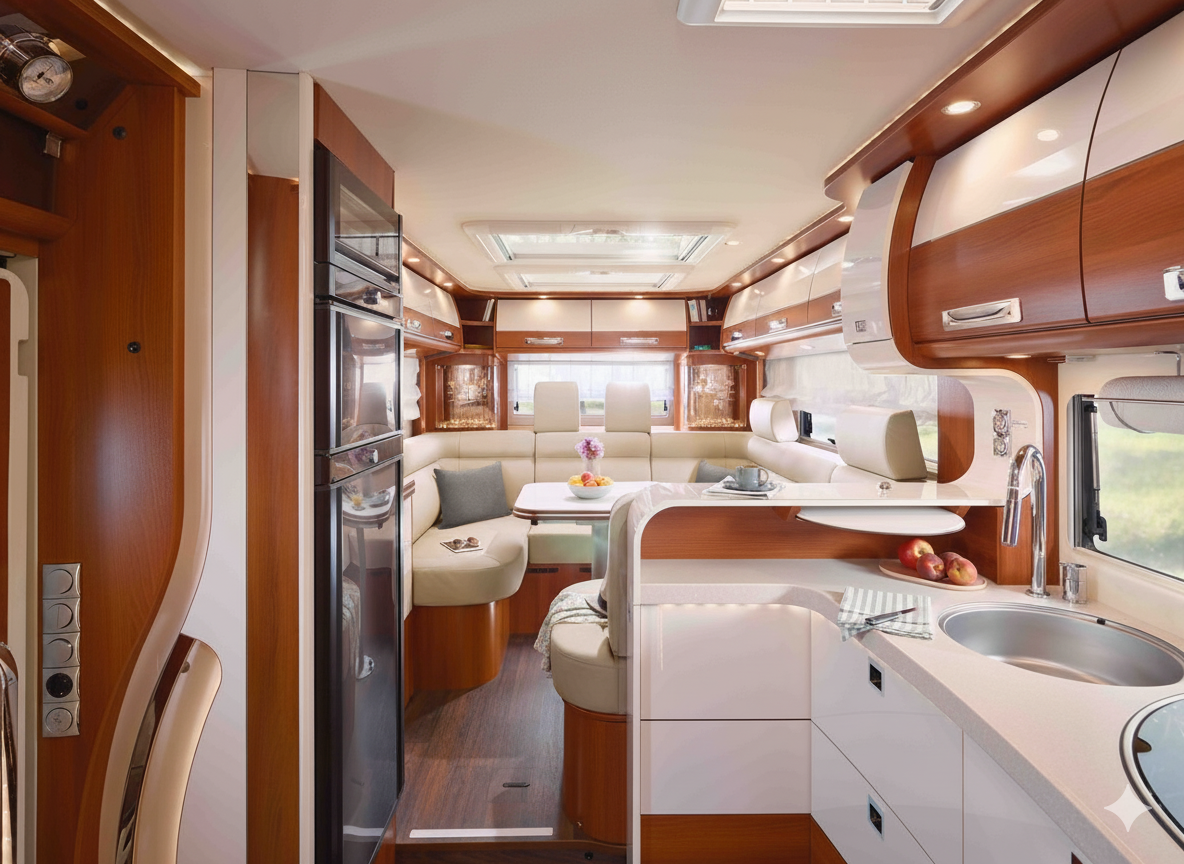 Wohnbereich im Carthago liner-for-two mit Sitzgruppe und Küche