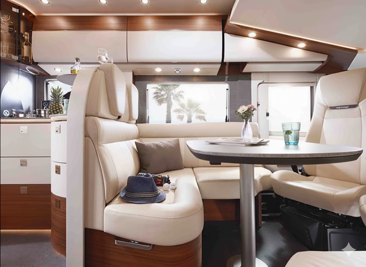 Wohnbereich im Carthago chic c-line I mit Sitzgruppe und Küche